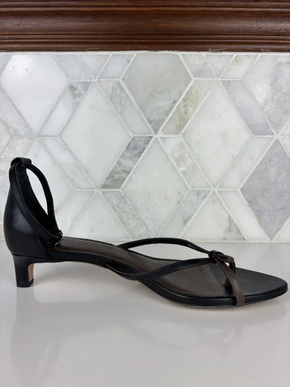 8 Vince Siri Black Brown Leather Sandal Ankle Strap Kitten Heel Pointed Toe Slip - Picture 6 of 11